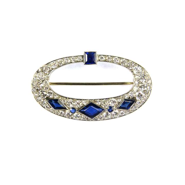 Openwork oval diamond and sapphire brooch